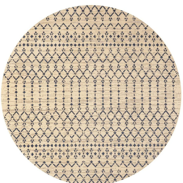 HomeRoots 9' Beige & Navy Blue Round Trellis Rug – Stylish Indoor/Outdoor Accent for Modern Spaces & Durability 704412