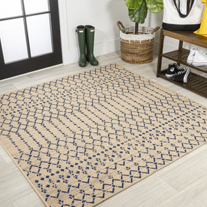 HomeRoots 9' Square Beige and Navy Blue Trellis Rug - Durable Indoor/Outdoor Design for Modern Spaces 704413