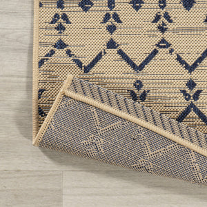 HomeRoots 9' Square Beige and Navy Blue Trellis Rug - Durable Indoor/Outdoor Design for Modern Spaces 704413