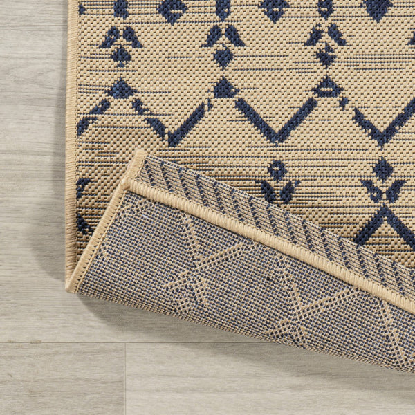 HomeRoots 9' Square Beige and Navy Blue Trellis Rug - Durable Indoor/Outdoor Design for Modern Spaces 704413