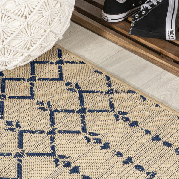 HomeRoots 9' Square Beige and Navy Blue Trellis Rug - Durable Indoor/Outdoor Design for Modern Spaces 704413