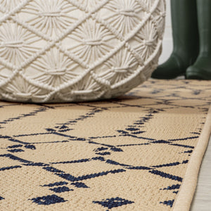 HomeRoots 9' Square Beige and Navy Blue Trellis Rug - Durable Indoor/Outdoor Design for Modern Spaces 704413