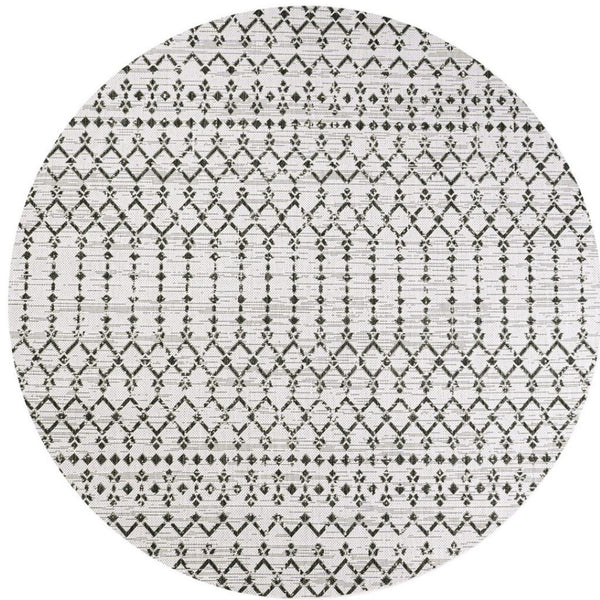 HomeRoots 8' Cream and Black Round Trellis Rug - Durable, Modern Design for Indoor & Outdoor Spaces, Easy Care 704419
