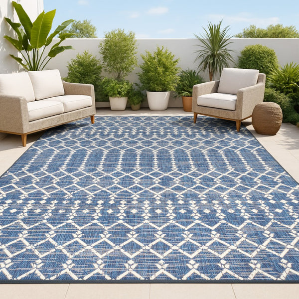 HomeRoots 10' Navy Blue and Beige Trellis Area Rug - Durable Indoor/Outdoor Style for Patios, Kitchens & More! 704423