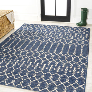 HomeRoots 10' Navy Blue and Beige Trellis Area Rug - Durable Indoor/Outdoor Style for Patios, Kitchens & More! 704423