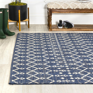 HomeRoots 10' Navy Blue and Beige Trellis Area Rug - Durable Indoor/Outdoor Style for Patios, Kitchens & More! 704423