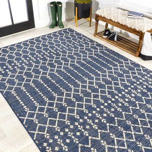 HomeRoots 10' Navy Blue and Beige Trellis Area Rug - Durable Indoor/Outdoor Style for Patios, Kitchens & More! 704423