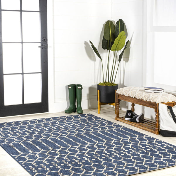 HomeRoots 10' Navy Blue and Beige Trellis Area Rug - Durable Indoor/Outdoor Style for Patios, Kitchens & More! 704423