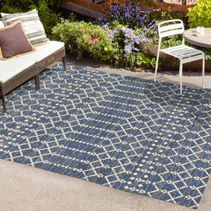 HomeRoots 10' Navy Blue and Beige Trellis Area Rug - Durable Indoor/Outdoor Style for Patios, Kitchens & More! 704423