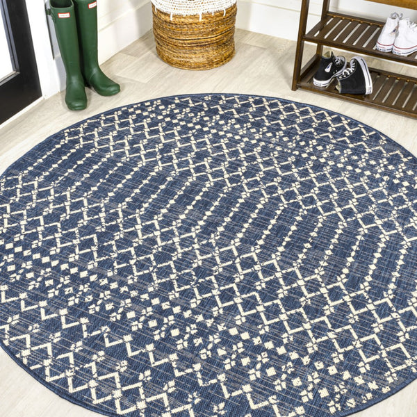 HomeRoots 6' Round Trellis Area Rug in Navy Blue & Beige – Stylish Indoor/Outdoor Durable Design for All Spaces 704426