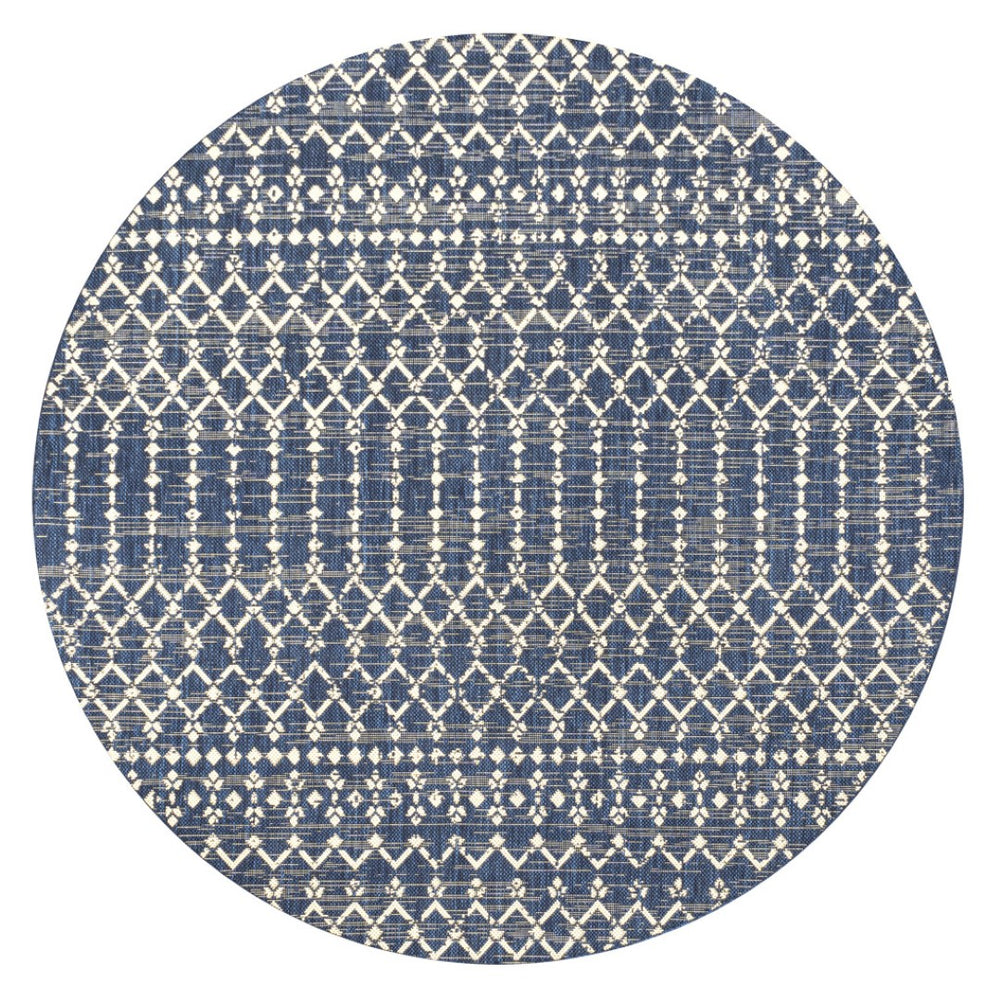 HomeRoots 6' Round Trellis Area Rug in Navy Blue & Beige – Stylish Indoor/Outdoor Durable Design for All Spaces 704426