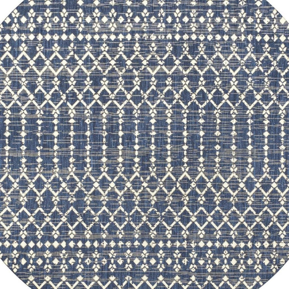 HomeRoots 6' Round Trellis Area Rug in Navy Blue & Beige – Stylish Indoor/Outdoor Durable Design for All Spaces 704426