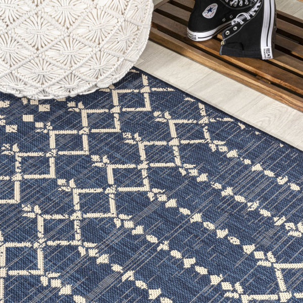 HomeRoots 9' Navy Blue & Beige Square Trellis Rug – Modern Indoor/Outdoor Accent, Durable & Weather-Resistant Design 704431