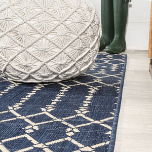 HomeRoots 9' Navy Blue & Beige Square Trellis Rug – Modern Indoor/Outdoor Accent, Durable & Weather-Resistant Design 704431