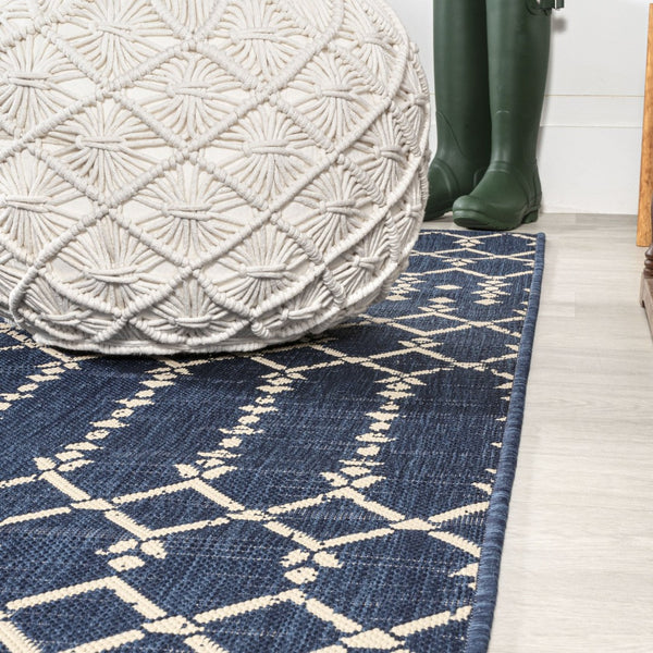 HomeRoots 9' Navy Blue & Beige Square Trellis Rug – Modern Indoor/Outdoor Accent, Durable & Weather-Resistant Design 704431