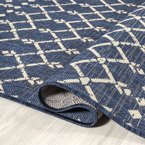 HomeRoots 9' Navy Blue & Beige Square Trellis Rug – Modern Indoor/Outdoor Accent, Durable & Weather-Resistant Design 704431