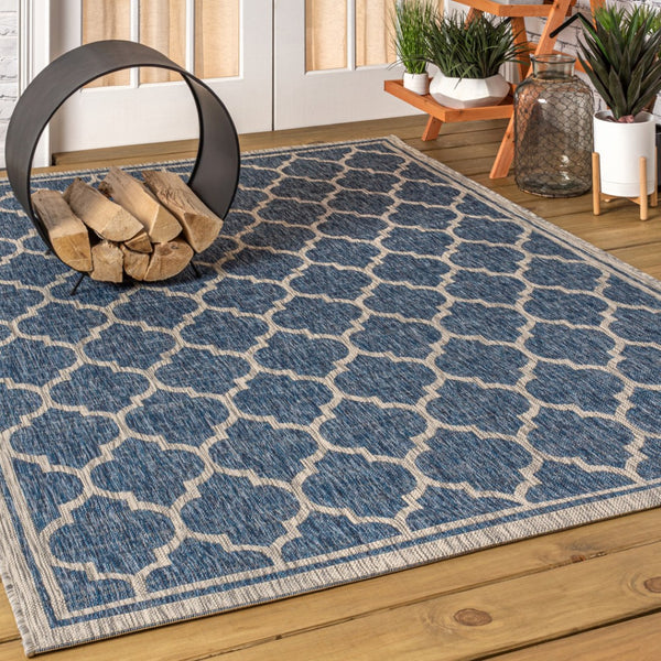 HomeRoots 10' Navy Blue and Gray Geometric Indoor Outdoor Area Rug - Stylish, Durable, and Easy Care Solution! 704438