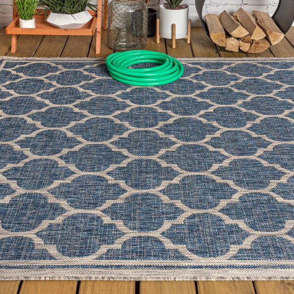 HomeRoots 10' Navy Blue and Gray Geometric Indoor Outdoor Area Rug - Stylish, Durable, and Easy Care Solution! 704438