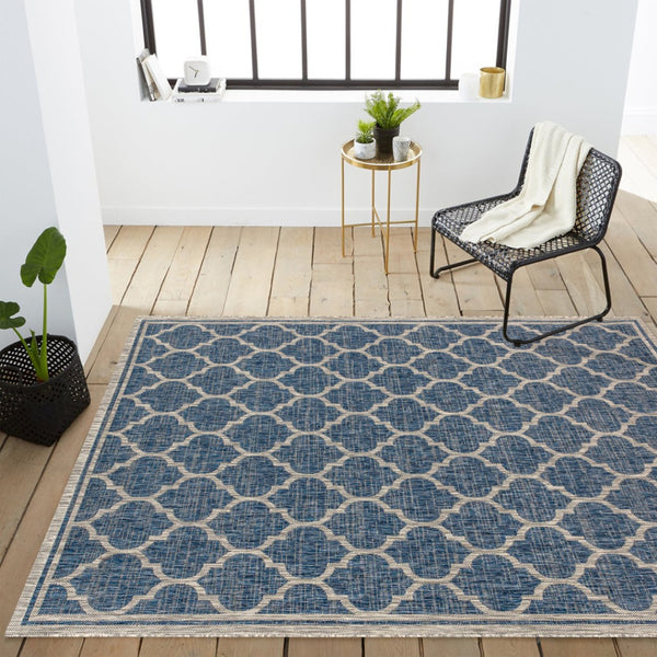 HomeRoots 10' Navy Blue and Gray Geometric Indoor Outdoor Area Rug - Stylish, Durable, and Easy Care Solution! 704438