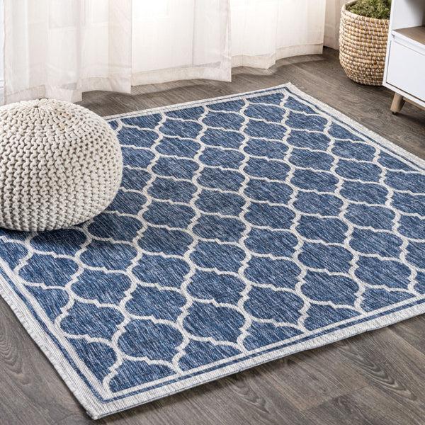 HomeRoots 8' Navy Blue & Gray Geometric Indoor-Outdoor Area Rug - Modern Design, Durable, Easy-Care Style 704444