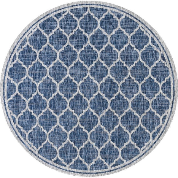 HomeRoots 9' Navy Blue and Gray Round Geometric Area Rug – Stylish, Durable, Versatile for Indoor & Outdoor Spaces 704445