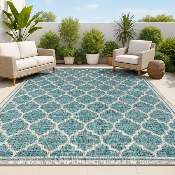 HomeRoots 10' Teal Blue & Gray Geometric Area Rug - Durable, Stylish Indoor/Outdoor Design for Any Space 704447