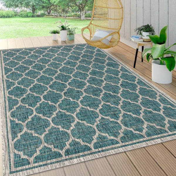 HomeRoots 10' Teal Blue & Gray Geometric Area Rug - Durable, Stylish Indoor/Outdoor Design for Any Space 704447