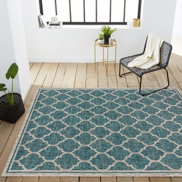 HomeRoots 10' Teal Blue & Gray Geometric Area Rug - Durable, Stylish Indoor/Outdoor Design for Any Space 704447