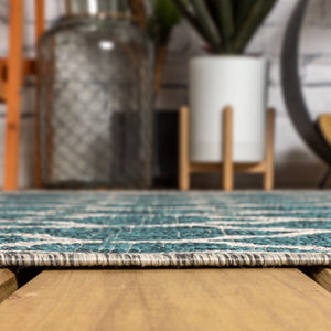 HomeRoots 6' Teal Blue & Gray Geometric Area Rug - Stylish Square Design for Indoor/Outdoor High-Traffic Use 704451