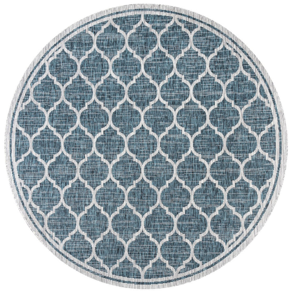 HomeRoots 8' Teal Blue & Gray Round Geometric Area Rug - Stylish Indoor/Outdoor Design for Modern Spaces 704452