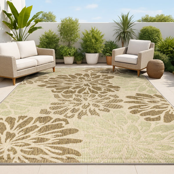 HomeRoots 10' X 14' Sage and Brown Floral Area Rug - Durable Indoor/Outdoor Carpet for Elegant Living Spaces 704456