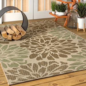HomeRoots 10' X 14' Sage and Brown Floral Area Rug - Durable Indoor/Outdoor Carpet for Elegant Living Spaces 704456