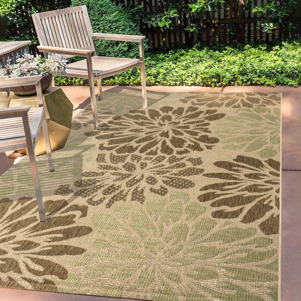 HomeRoots 10' X 14' Sage and Brown Floral Area Rug - Durable Indoor/Outdoor Carpet for Elegant Living Spaces 704456