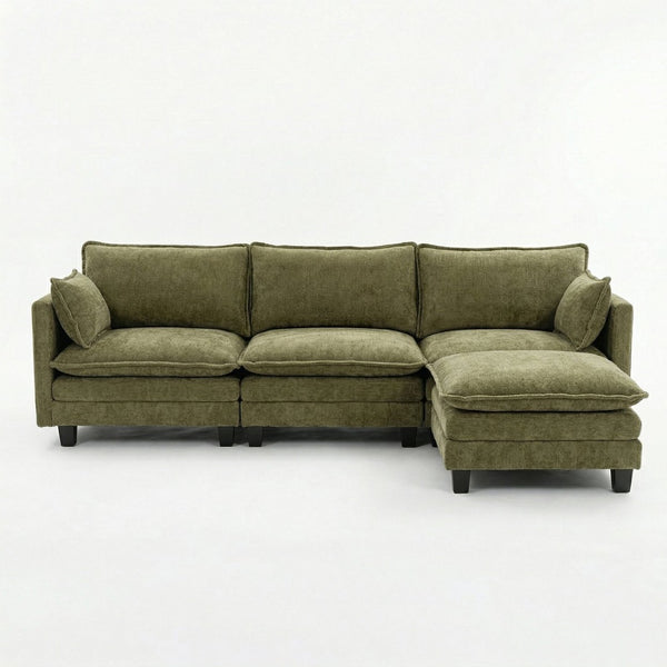 English Elm Modern Chenille Three Seat Sofa with Ottoman Usb Charging Ports and Storage Pockets Green W2519S00005