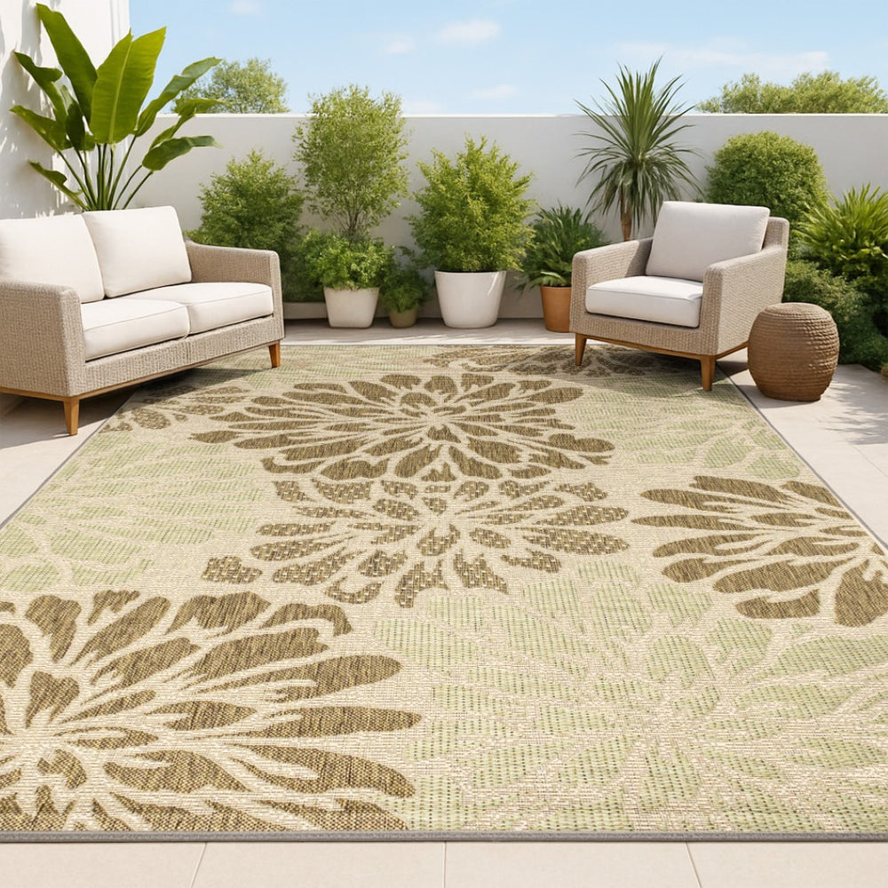 HomeRoots 6' X 9' Sage and Brown Floral Indoor-Outdoor Rug – Elegant, Durable, Weather-Resistant Design for Any Space 704458