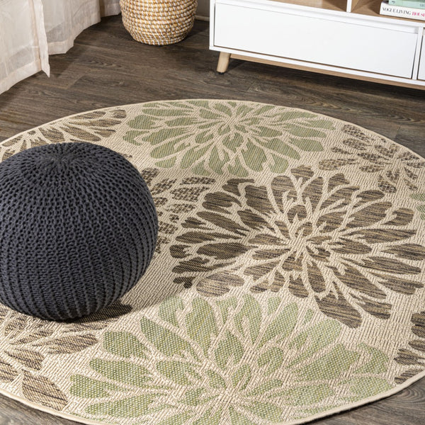 HomeRoots 8' Sage and Brown Round Floral Area Rug - Stylish Indoor/Outdoor Design for Patios, Kitchens, and More! 704459