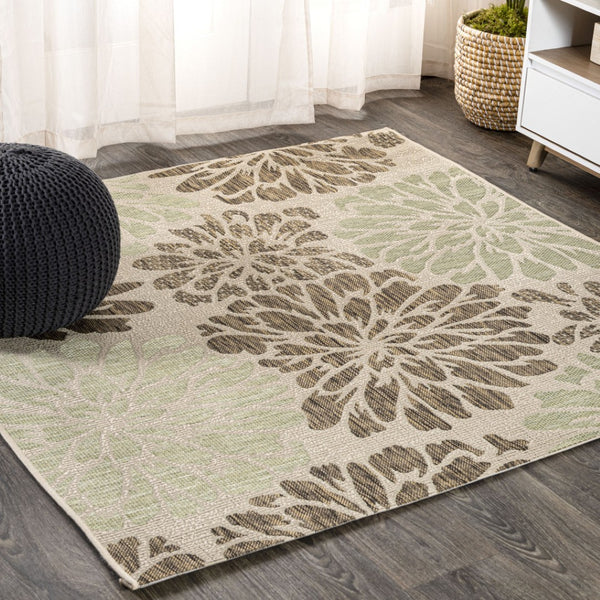 HomeRoots 9' Sage and Brown Square Floral Area Rug – Durable Indoor/Outdoor Design for Modern Spaces & Easy Care 704462