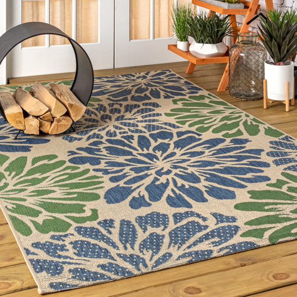 HomeRoots 10' Navy Blue and Green Floral Area Rug - Durable Indoor Outdoor Design for Patios, Living Rooms, and More! 704463