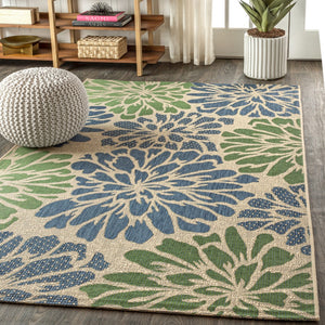 HomeRoots 10' Navy Blue and Green Floral Area Rug - Durable Indoor Outdoor Design for Patios, Living Rooms, and More! 704463