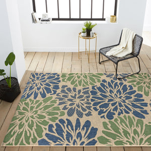 HomeRoots 10' Navy Blue and Green Floral Area Rug - Durable Indoor Outdoor Design for Patios, Living Rooms, and More! 704463
