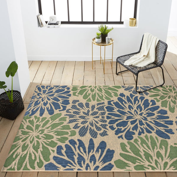 HomeRoots 10' Navy Blue and Green Floral Area Rug - Durable Indoor Outdoor Design for Patios, Living Rooms, and More! 704463