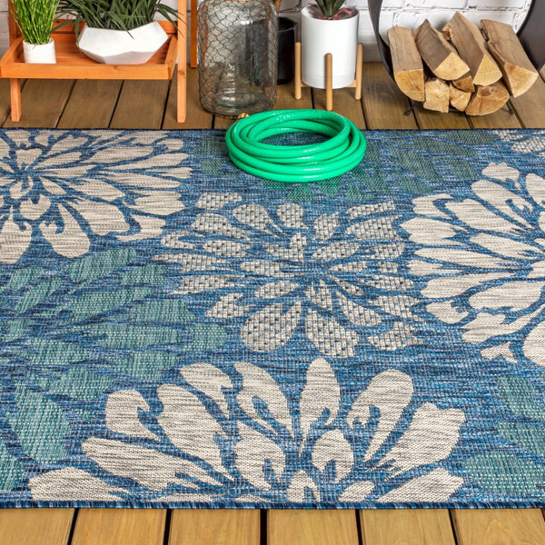 HomeRoots 6' Indoor Outdoor Area Rug - Navy Blue & Aqua Floral Design, Durable, Low-Maintenance, Versatile Use 704466