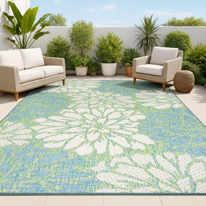 HomeRoots 10' Cream and Green Floral Area Rug - Versatile Indoor/Outdoor Design for Timeless Charm and Durability 704467