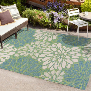 HomeRoots 10' Cream and Green Floral Area Rug - Versatile Indoor/Outdoor Design for Timeless Charm and Durability 704467
