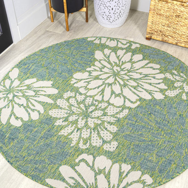 HomeRoots 8' Cream and Green Round Floral Area Rug - Elegant Indoor/Outdoor Design, Easy Care & Durable Quality 704472