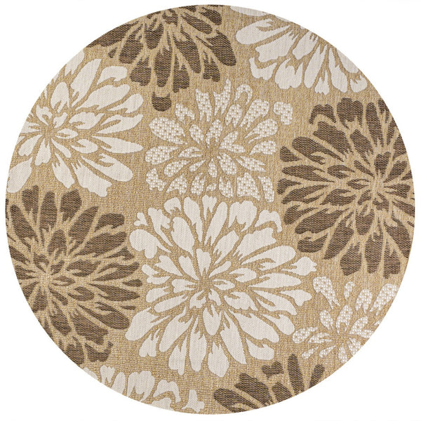 HomeRoots 6' Brown and Cream Round Floral Area Rug - Durable Indoor/Outdoor Design for Elegant Spaces & Easy Care 704479