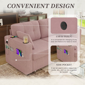 English Elm Sofas for Living Room Chenille Three Seat Couch with Usb Charging Storage and Cup Holder Pink W395S00147