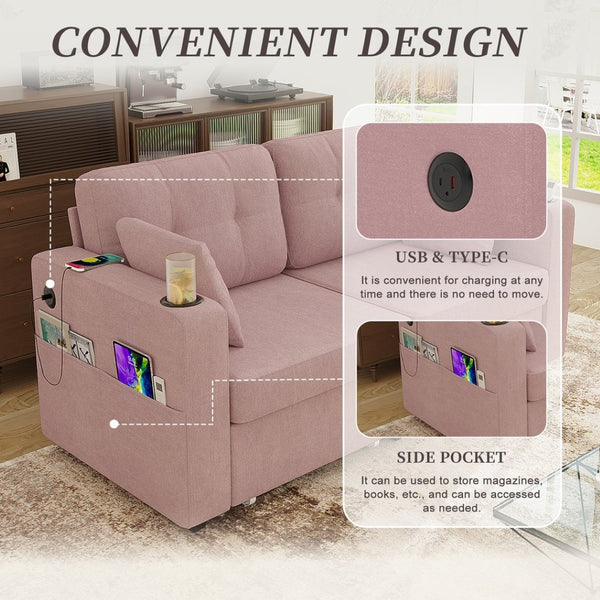 English Elm Sofas for Living Room Chenille Three Seat Couch with Usb Charging Storage and Cup Holder Pink W395S00147