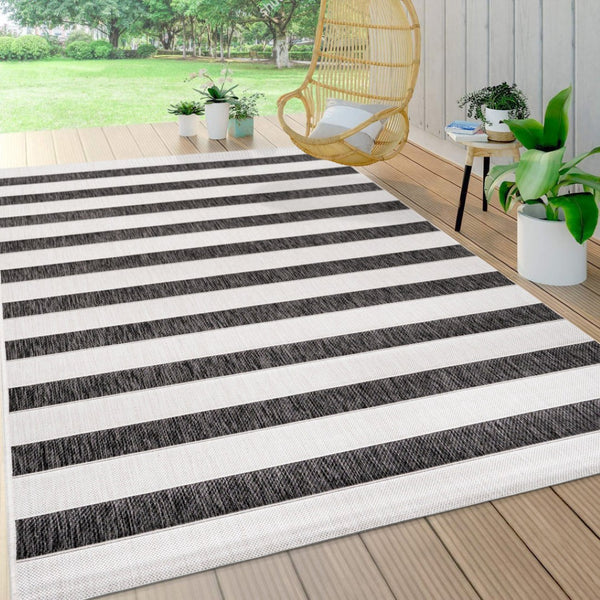HomeRoots 10' X 14' Black And Cream Striped Area Rug – Stylish, Durable, Weather-Resistant for Indoor & Outdoor Use! 704485