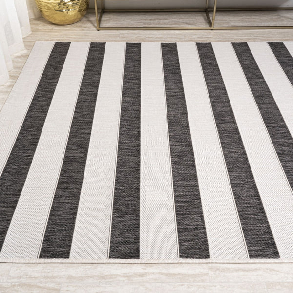 HomeRoots 6' X 9' Striped Black and Cream Area Rug - Durable Indoor/Outdoor Design, Easy Care & Modern Style 704489